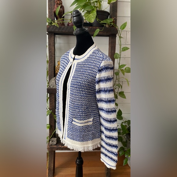 Talbots: Blue and White Mix Textured Jacket Sweater with Fringe Trim - Picture 11 of 17